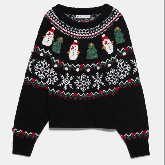 Zara Christmas Snowman Tree Knit Sweater Pullover Holiday Sweater Size Small - Picture 1 of 6